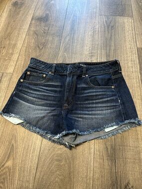 American Eagle Outfitters Dark Blue Frayed Hem High Waist Denim Shorts